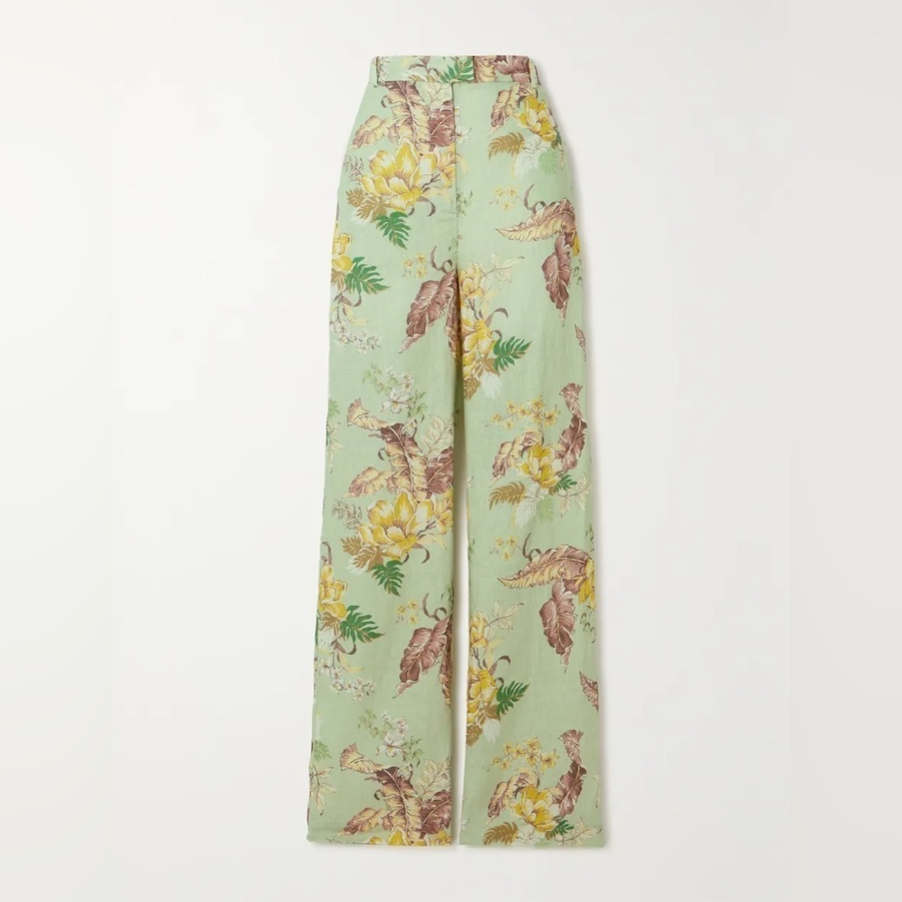 NWT Zimmermann Matchmaker Linen Straight Trouser Pants Mint Tropical Floral